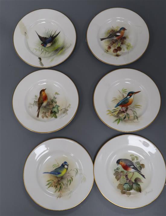 A set of six Royal Worcester pin trays painted with various birds by Powell (two damaged), Dia 12cm